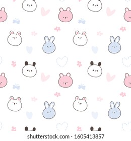 Seamless Pattern of Cartoon Panda, Bear and Rabbit Face Design on White Background