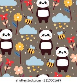 Seamless pattern cartoon panda, bee and plant. for kids wallpaper, fabric print, gift wrapping paper