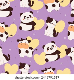 seamless pattern cartoon panda, cat and cow. cute animal wallpaper for textile, gift wrap paper