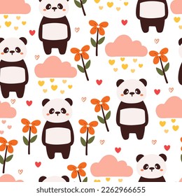 seamless pattern cartoon panda, clouds and flower. cute animal wallpaper for textile, gift wrap paper