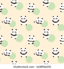 Seamless Pattern of Cartoon Panda Design on Yellow Background with Green Dots