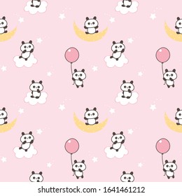 Seamless Pattern of Cartoon Panda Design with Cloud, Moon, Star and Balloon on Light Pink Background