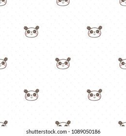 Seamless Pattern with Cartoon Panda Face on White Background with Pink Dots