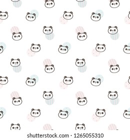 Seamless Pattern of Cartoon Panda Face and Pastel Dot Design on White Background