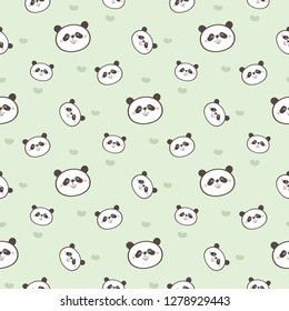 Seamless Pattern with Cartoon Panda Face and Heart Design on Green Background