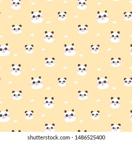 Seamless Pattern of Cartoon Panda Face and Heart Design on Yellow Background