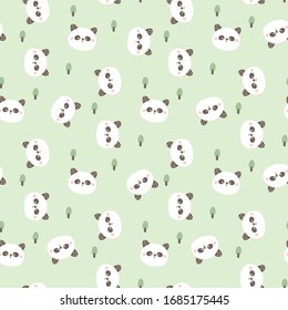 Seamless Pattern of Cartoon Panda Face Design on Green Background