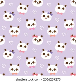 Seamless Pattern of Cartoon Panda Face and Heart Design on Light Violet Background