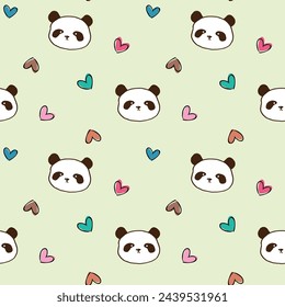 Seamless Pattern of Cartoon Panda Face and Heart Design on Light Green Background