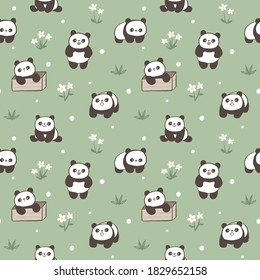 Seamless Pattern with Cartoon Panda and Flower Design on Green Background