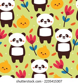 seamless pattern cartoon panda and flower. cute animal wallpaper for gift wrap paper