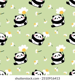 Patrón sin fisuras con el panda de la historieta y el diseño de la flor en fondo verde