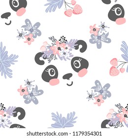 Seamless pattern with cartoon panda girl with floral wreath and flowers. Cute kids background.
