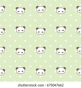 Seamless Pattern of Cartoon Panda Head Design on Green Background with Dots