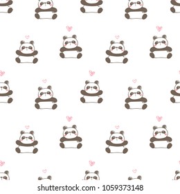 Seamless Pattern of Cartoon Panda and Heart Design on White Background