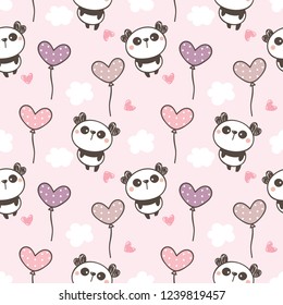Nahtlose Muster mit Cartoon Panda, Herz, Ballon und Cloud-Design auf pastellrosa Hintergrund