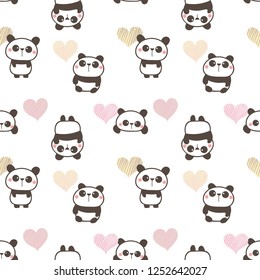 Seamless Pattern with Cartoon Panda and Heart Design on White Background
