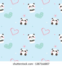 Seamless Pattern of Cartoon Panda and Heart Design on Blue Background