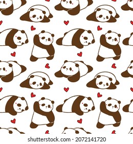 Seamless Pattern of Cartoon Panda and Heart Design on White Background