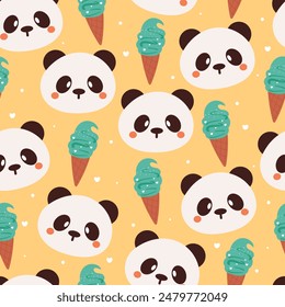 seamless pattern cartoon panda with ice cream. cute animal wallpaper for textile, gift wrap paper