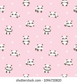 Seamless Pattern with Cartoon Panda Illustration on Pastel Pink Background with Stars