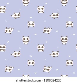 Seamless Pattern of Cartoon Panda Illustration and Heart Design on Blue Violet Background