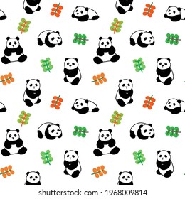 Seamless Pattern with Cartoon Panda and Leaf Illustration Design on White Background