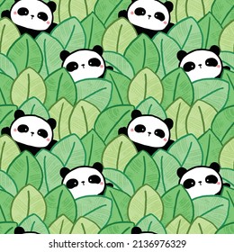 Seamless Pattern of Cartoon Panda and Leaf Illustration Design