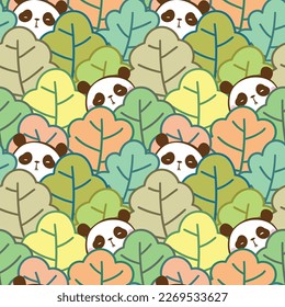 Seamless Pattern with Cartoon Panda and Leaf Illustration Design