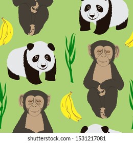 Seamless pattern of cartoon panda, monkey, bananas and bamboo. Repeatable textile vector, childish wallpaper design.