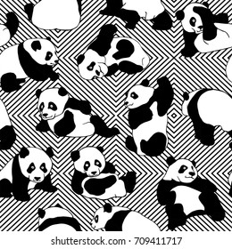 Seamless pattern with a cartoon Panda on a geometric background. Vector black and white illustration.