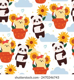 seamless pattern cartoon panda and rabbit in orange background. cute animal wallpaper for textile, gift wrap paper