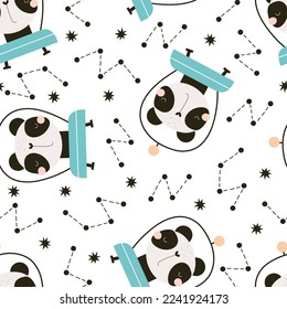 patrón impecable con panda de dibujos animados en el espacio, estrellas, elementos decorativos. Vector colorido para niños, estilo plano, dibujo a mano. diseño de bebé para tela, impresión, papel tapiz de vivero, textil