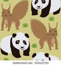 Seamless pattern of cartoon panda and squirrel. Childish repeatable textile vector; wallpaper design.