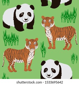 Seamless pattern of cartoon panda and tiger. Repeatable textile vector print, childish wallpaper design.