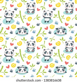 Seamless pattern with cartoon pandas.