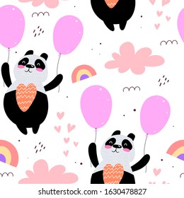 Seamless pattern with cartoon pandas, balloons, rainbows, clouds, decor elements. flat style, colorful vector for kids. hand drawing. baby design for textile, print, fabric, wrapper