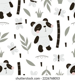 Nahtloses Muster mit Cartoon-Pandas, Bambus, Dekorelementen. bunter Vektorgrafik für Kinder. handgezeichnet, flach. Babydesign für Gewebe, Druck, Textilien