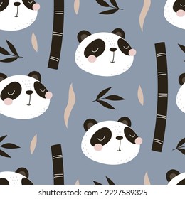 Nahtloses Muster mit Cartoon-Pandas, Bambus, Dekorelementen. bunter Vektorgrafik für Kinder. handgezeichnet, flach. Babydesign für Gewebe, Druck, Textilien