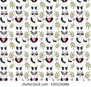 Seamless pattern of cartoon pandas. Children's background. Colorful vector illustration. Cute cartoon character. Happy bear with eucalyptus and heart. Doodle style. For design textile, fabric