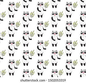 Seamless pattern of cartoon pandas. Children's background. Colorful vector illustration. Cute cartoon character. Happy bear with eucalyptus. Doodle style. For design textile, fabric