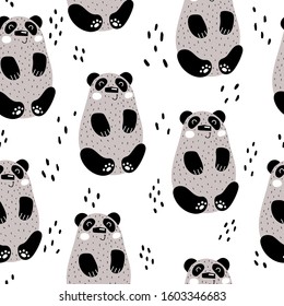 Seamless pattern with cartoon pandas, decor elements. flat vector for kids. animals, wildlife. baby design for fabric, print, textile, wrapper