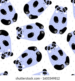 Seamless pattern with cartoon pandas, decor elements. flat vector for kids. animals, wildlife. baby design for fabric, print, textile, wrapper