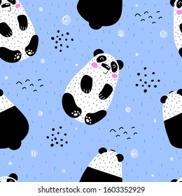 Seamless pattern with cartoon pandas, decor elements on a neutral background. flat vector for kids. animals, wildlife. baby design for fabric, print, textile, wrapper