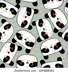 Nahtloses Muster mit Cartoon-Pandas, Dekorelemente auf neutralem Hintergrund. Tierthema. Vektorillustration. bunter, flacher Stil. Handzeichnung. Design für Gewebe, Druck, Wrapper