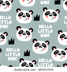 Seamless pattern with cartoon pandas, hand drawing lettering, decor elements on a neutral background. colorful vector for kids. hand drawing, flat style. baby design for fabric, print, textile, wrappe