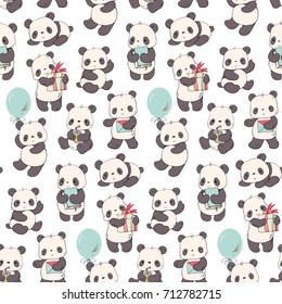 Padrão contínuo com pandas de desenho animado.  Ilustração desenhada à mão.  Ilustração vetorial.