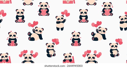 Seamless pattern with cartoon pandas holding heart balloons. Valentine's Day images. Flat vector illustration.