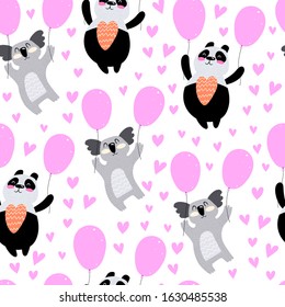 Seamless pattern with cartoon pandas, koalas, balloons, decor elements. flat style, colorful vector for kids. hand drawing. baby design for textile, print, fabric, wrapper