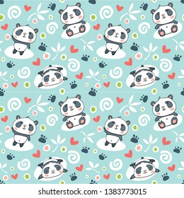 Seamless pattern with cartoon pandas on a blue background.